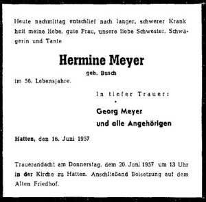 Traueranzeige Hermine Meyer geb. Busch NWZ vom 19, Juni 1957