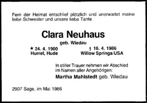 A Clara Neuhaus Traueranzeige vom 15. Mai 1986