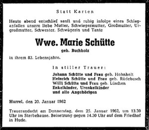 Traueranzeige Marie Schütte vom 23. Januar 1962 groß