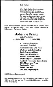 Johanne Franz Traueranzeige vom 14. März 1994