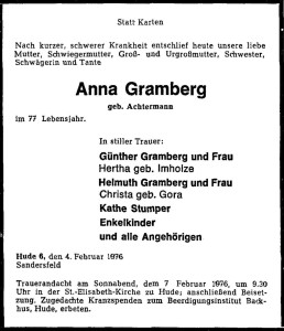 Anna Wilhelmine Gramberg Traueranzeige vom 5. Februar 1976 groß