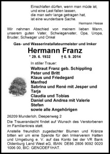 Traueranzeige Hermann Franz vom 9. September 2014