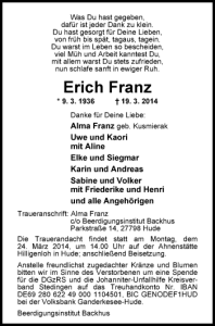 Traueranzeige NWZ Erich Franz vom 22. März 2014