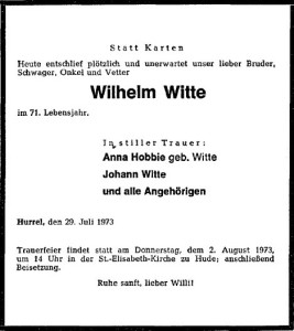 Traueranzeige Wilhelm Witte vom 1. August 1973