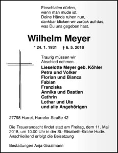 Traueranzeige Wilhelm Meyer vom 9. Mai 2018 weiß