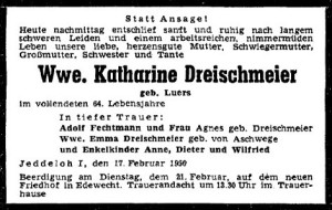 Traueranzeige NWZ Katharine Dreischmeier 20. Februar 1950