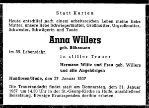 Traueranzeige Anna Willers NWZ 29. Januar 1957