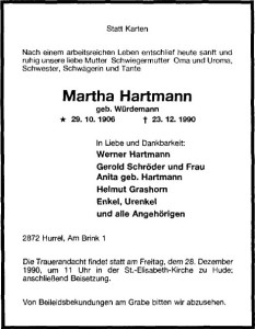 Traueranzeige Martha Hartmann vom 24. Dezember 1990