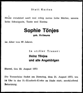 Traueranzeige Sophie Tönjes vom 20. August 1973