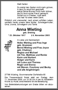 Traueranzeige Anna Wieting vom 8. November 2005