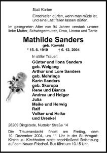 Traueranzeige Mathilde Sanders vom 8. Dezember 2004 groß II