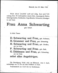 OE Schwarting, Anna Traueranzeige Huder Zeitung