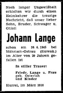 Traueranzeige Johann Lange vom 4. März 1950