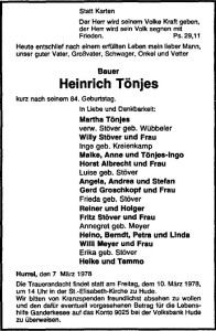 A5 Traueranzeige Heinrich Tönjes groß vom 9. März 1978