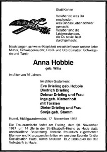 Anna Hobbie Traueranzeige vom 19. November 1987