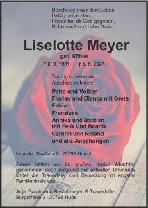 Traueranzeige Liselotte Meyer 8. Mai 2021