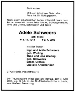 8425 Adele Schweers Traueranzeige