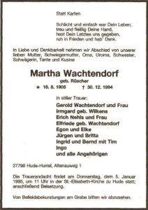 Traueranzeige NWZ 2. Januar 1995 groß Martha Wachtendorf
