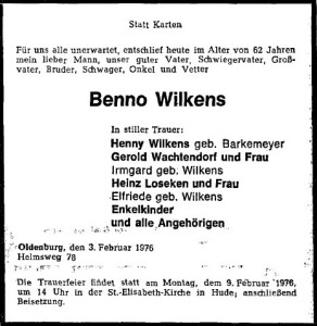 Traueranzeige NWZ groß Benno Wilkens 6. Februar 1976