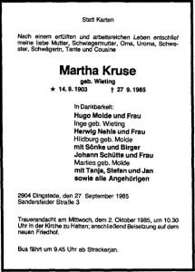 Traueranzeige NWZ Martha Kruse vom 30.9.85 klein