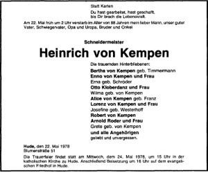 H. von Kempen Traueranzeige NWZ vom 23. Mai 1978