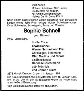 Traueranzeige NWZ 13. Januar1986 groß
