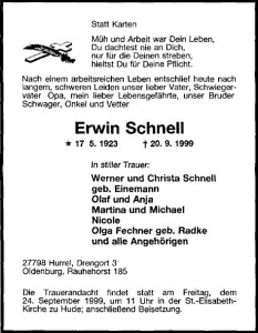 Traueranzeige NWZ 21. September 1999 Erwin Schnell