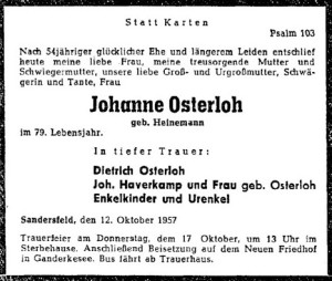 Traueranzeige NWZ Johanne Osterloh vom 15. Oktober 1957