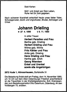 Traueranzeige Johann Drieling vom 12. November 1980 groß