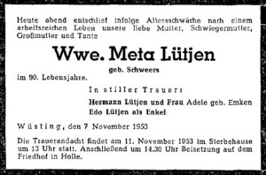 Traueranzeige NWZ vom 10. November 1953 Meta Lütjen groß