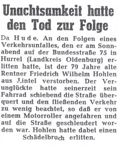 Artikel NWZ Unfall Wilhelm Hohlen vom 17. September 1958